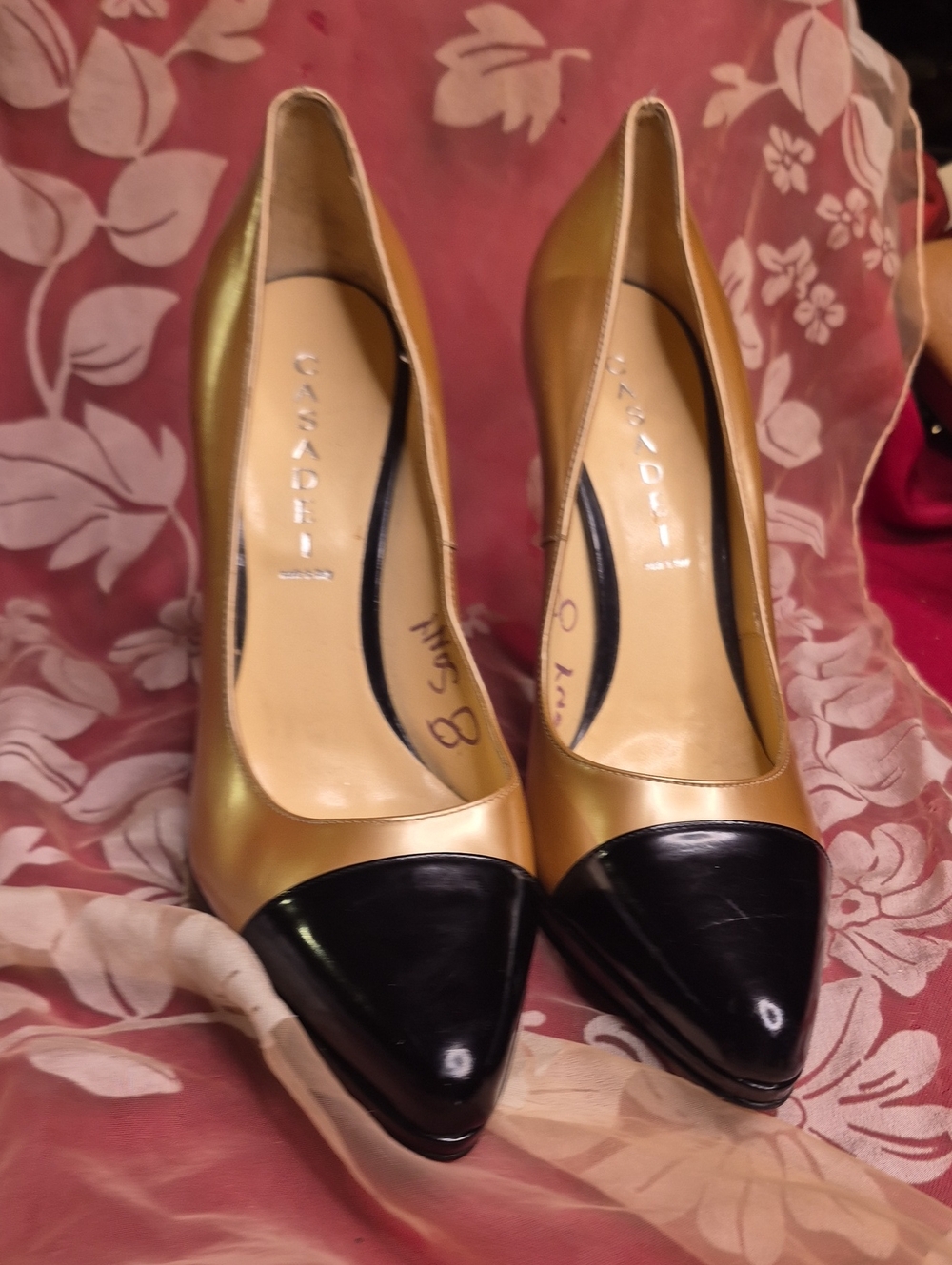 Casadei Gold and Black Pointed Toe Pumps